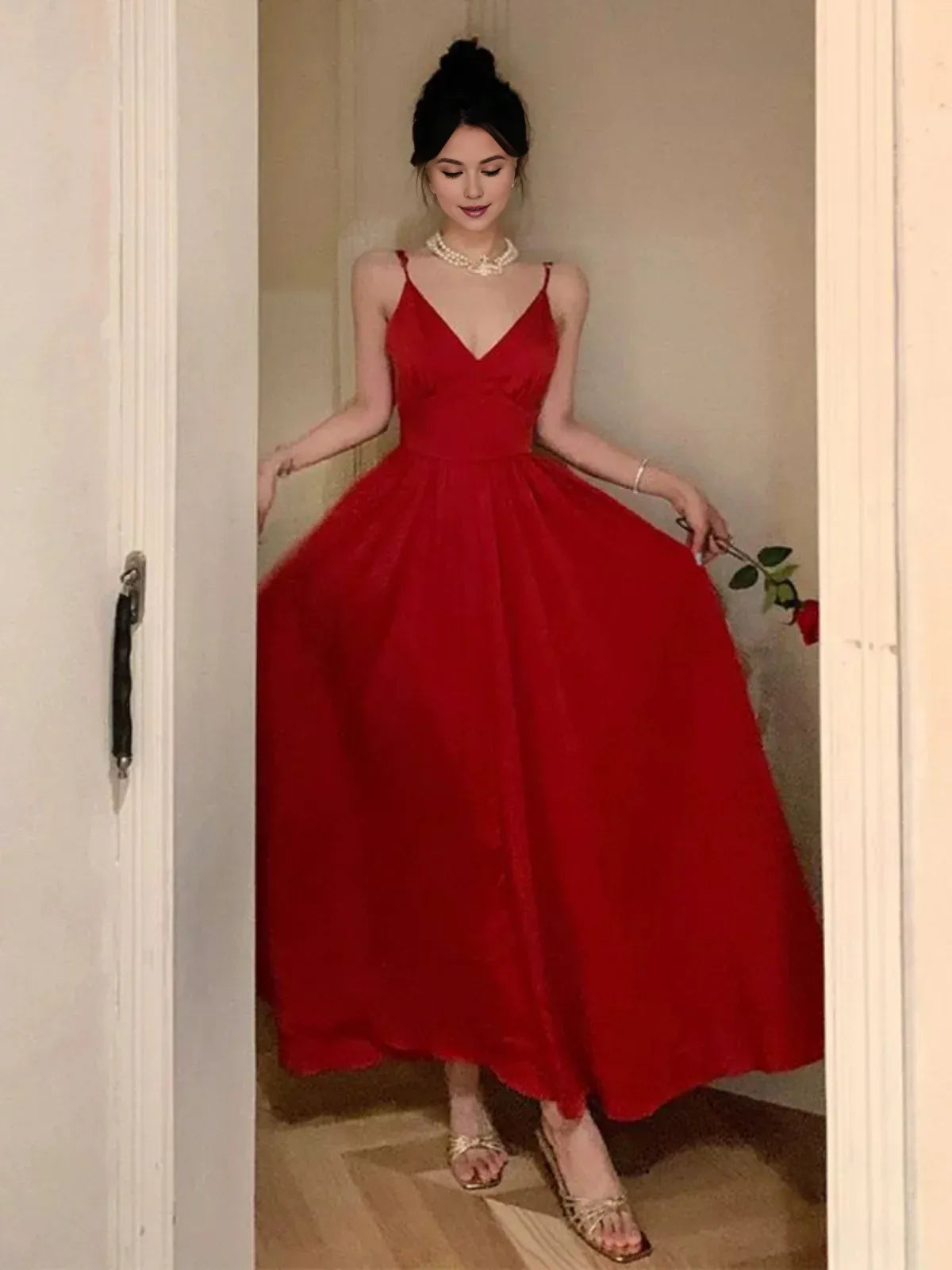 TingPo Wholesale Elegant Gorgeous A Line Spaghetti Straps Red Ankle Length Evening Dress Prom Dresses Birthday Outfits